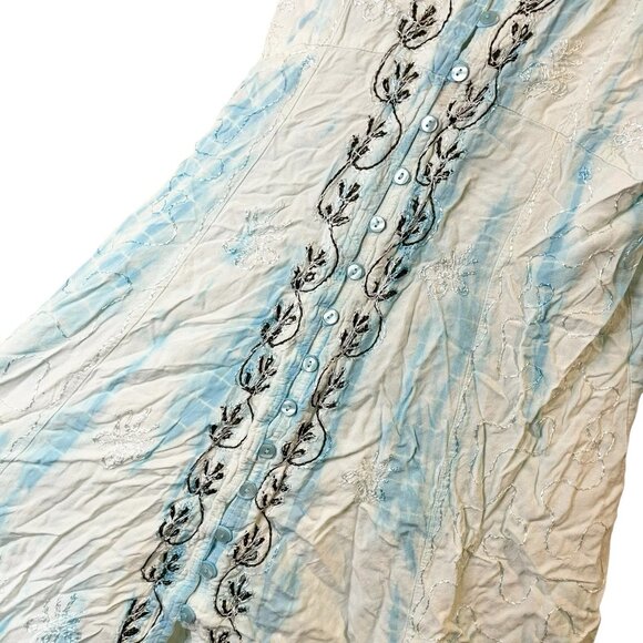 Henna Tie Dye Blue White Boho Button Front Rayon Tie Back Fairy Y2K Dress OS - Picture 5 of 6